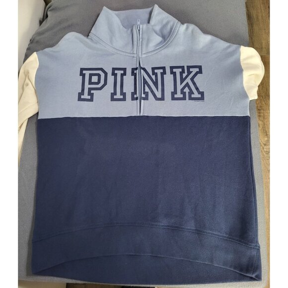 Victoria's Secret PINK High-Low Half-Zip Pullover Bluebell Cream Navy SZ M Logo - Picture 7 of 12